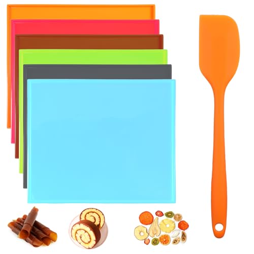 6 PCS Silicone Dehydrator Trays Fruit Leather Trays 12 x 10 Inch Non-Stick Dehydrator Mats with Silicone Scraper Cutter Wheel for Fruit Vegetables, Meat, Pastry etc Dehydrator Tray with Edge