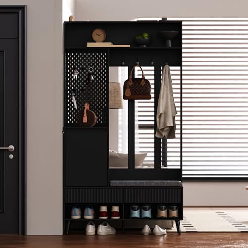 EURHCIO Meuble D’Entree 100x35x180cm,Vestiaire D'entrée,Porte Manteau avec Banc Rembourré,Rangement Chaussure,2 Tiroirs,4 Crochets,Étagère...
