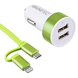 NINETEC® 3.1A Dual Auto Ladegerät Zigarettenanzünder 2X Smart IQ USB 2in1 Ladekabel Grün Lightning für Apple und Micro-USB für Android Geräte