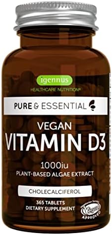 High Absorption Vegan Vitamin D3 1000IU, 365 Tablets, 100% Plant-Based & Non-GMO, Immune & Muscle Function, Bones & Teeth, Natural Algae Cholecalciferol, 1-Year Supply