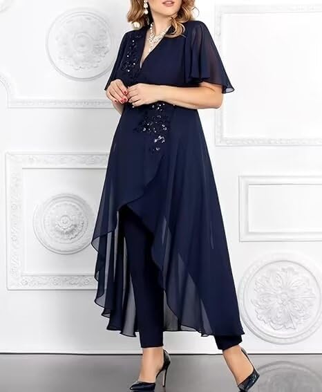 Chiffon 2 Pieces Mother of The Bride Pant Suits for Wedding Chiffon High Low Pant Suits for Women Dressy Party2