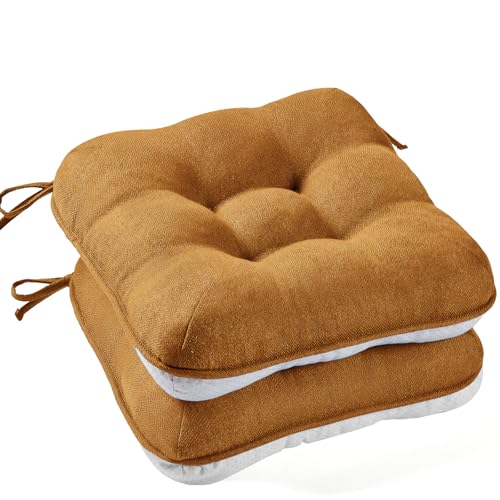 BETU Chair Cushions for Dining Chairs Set of 2,3.5" Thick Kitchen Table Chair Pads with Ties,Non Slip Backing and Covers, Seat Cushion for Dining Room,Bar,Patio Chairs,15.5"X15.5"X3.5",Caramel