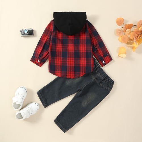Image of Toddler Baby Boy Fall Winter Clothes Long Sleeve Plaid Hooded Sweatshirt Ripped Holes Jeans Set 1-5 Years Old