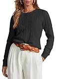 EVALESS Womens Black Cable Knitted Old Money Lightweight Pullover Sweater Round Neck Classic Cotton Cozy Tops Medium