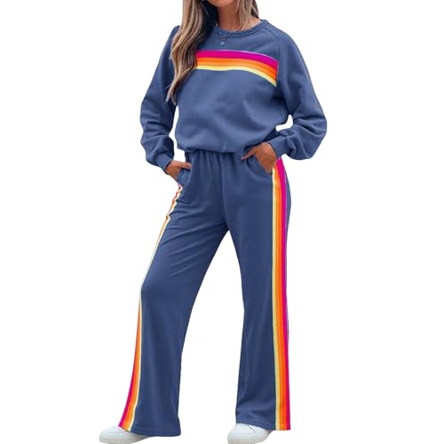 2 Piece Cute Set for Women Rainbow Striped Sweatshirt Jogging Sweatpants Color Suit Sweatsuits Fashion Outfits