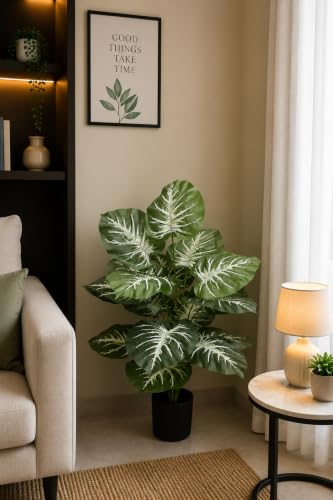 Image of Cocco.BUA Artificial Plant with Black Pot, 18 Leaves, 76 CM (2.5 Feet) (Caladium Plant)
