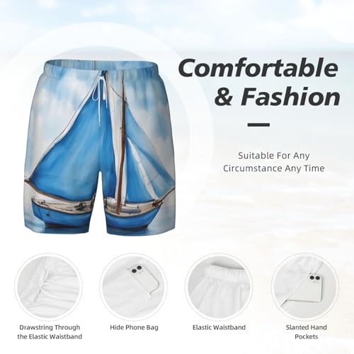 Men's Blue Sailboat Print Quick-Dry Mesh Swim Trunks Stretch Lining Beach Shorts Surfing Summer Vacations4
