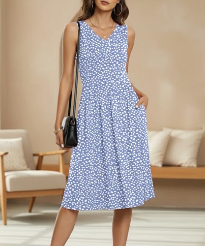 Image of NILOUFO Sleeveless Dress for Women Summer Knee Length Sundress with Pockets | Sundresses for Women Tank Empire Waist Sun Dress Cold Shoulder Casual V Neck Midi Dress Flowy Summer Dresses for Women