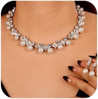 JWICOS Bride Silver Necklace Earrings Set Pearl Bridal Wedding Set Rhinestone Choker Necklace for Women Prom