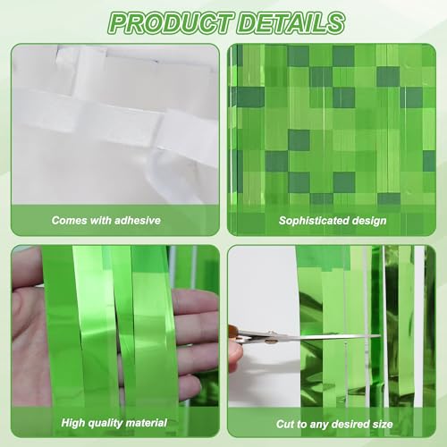 Image of Green Pixel Miner Foil Fringe Curtains - 2 Pack 3.3x6.6ft Metallic Video Game Birthday Photo Booth Backdrop, Door Streamers for Gamer Party Decorations & Room Wall Decor