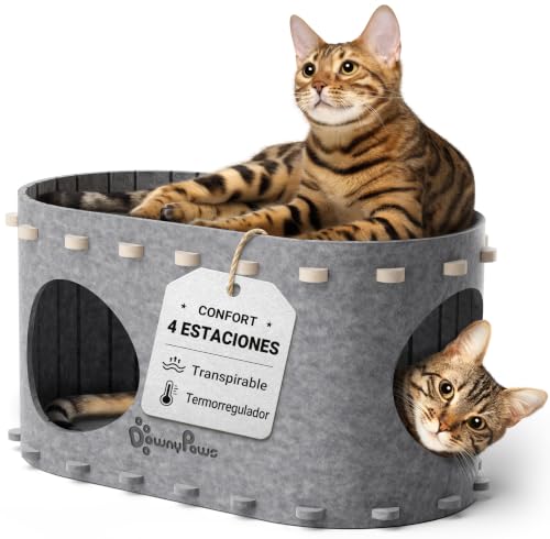 DownyPaws Cama Gato de Fieltro, Cama Gatos Cueva 2 en 1 para Descansar y Jugar, Casitas para Gatos, Robustas y Resistentes a los Arañazos, Fácil de Limpiar y Montar, Gris