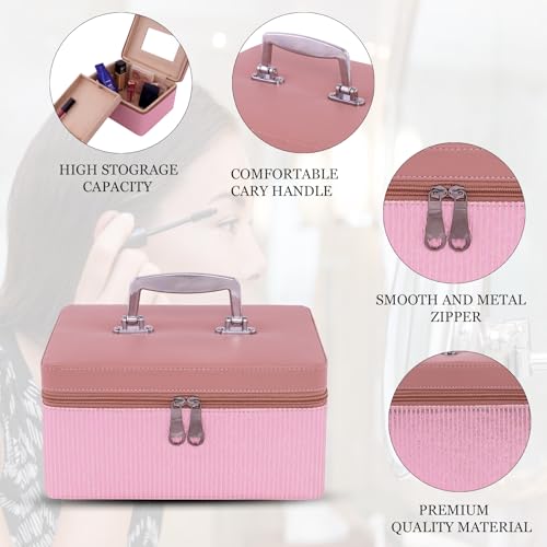 Image of FADAK Cosmetic Makeup for Beauty Case Wedding Makeup Brushes Pouch Tikli Organizer Travel Large Vanity Mirror Box Storage Bag Jewelry Bridal Box (Pink Taffy)