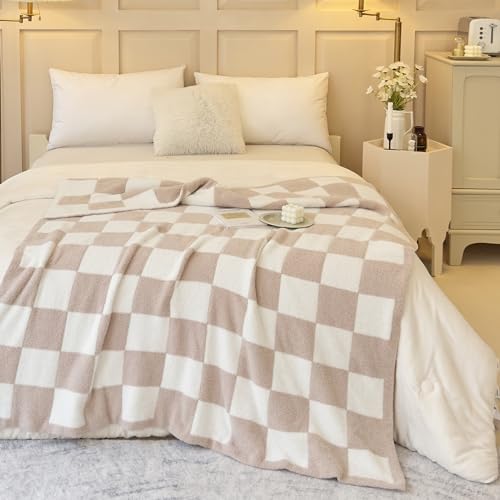 Image of Ultra Soft Cozy Checkered Knitted Throw Blanket Fluffy Microfiber Checkerboard Bed Blanket Lightweight Both Sides Blanket for Couch Sofa Bed (Cream, Throw 50 inchx60 inch)