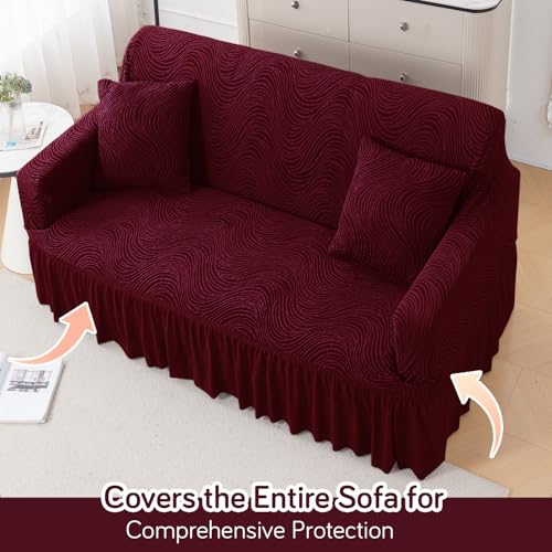 Image of HOKIPO 240 GSM Premium Jacquard Fully Covered Stretchable Sofa Cover for 2 Seater, 'Serene Wave Series' Wine (AR-6353-WINE)