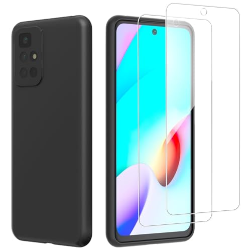 NEW'C Funda para Xiaomi Redmi 10 Carcasa Silicona Negra y 2 x Protector de Pantalla para Xiaomi Redmi 10 Cristal Templado - Antiarañazos