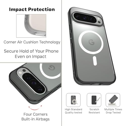 Image of RIGGEAR Shockproof Clear Hybrid Armor Back Cover Case Compatible with MagSafe Accessories for Google Pixel 9 / Pixel 9 Pro (Transparent PC + Clear Black Bumper)(White MagRing)