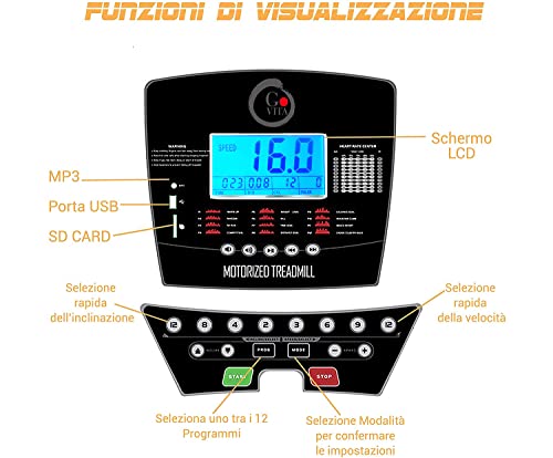 GOVITA Elektrische loopband, opvouwbaar, 16 km/u, automatische helling, 2 HP (3,5 HP Picco) Bluetooth app bioscoopmap en Zwift, hartsensor, audio jack/sd/usb + luidspreker, 12 programma's, wielen - Afbeelding 4