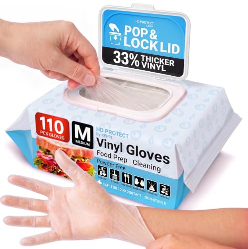 Keppi 110 Pack Vinyl Gloves Clear – Disposable Latex - BPA &amp; Powder-Free – Food Grade Gloves for Cooking Cleaning Food Prep Catering BBQ Baking &amp; Restaurant Use - (Medium)
