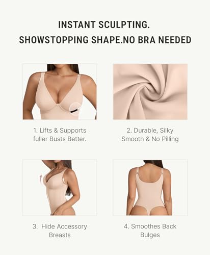 Image of FeelinGirl Shapewear Bodysuits for Women Tummy Control Body Suits Deep V Neck Thong Body Shaper