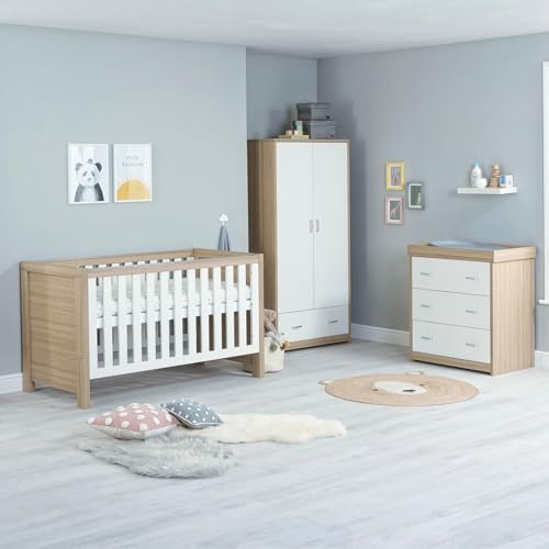 Babymore Luno 3 Piece Nursery Room Set Oak White - 1 Baby Cot Bed & One 2 Door Wardrobe Having Full Size Drawer & 1 Chest Changer, Wooden Chest Of Drawer Storage Cabinet | 3 Piece Nursery Room Set