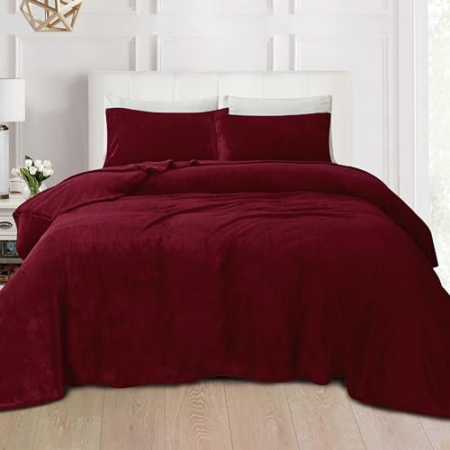 Elegant Comfort Luxuriously Soft 4-Piece Velvet Plush Flannel Sheet Set - Premium Quality - Cozy Warm, Anti-Static, Non Pilling Fuzzy Velvet Flannel Fleece Deep Pocket Sheet Set - Twin XL, Burgundy