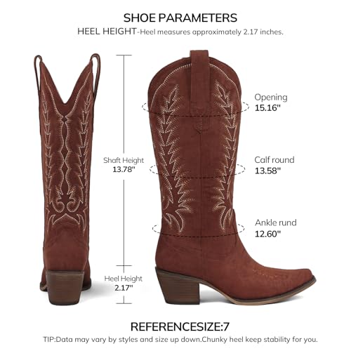 Image of Tscoyuki Cowboy Boots for Women: Embroidered Western Knee High Boots Women - Pointed Toe Chunky Heel Cowgirl Tall Boots