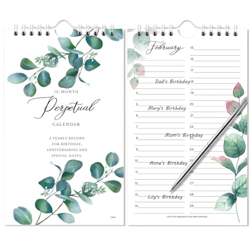 Perpetual Calendar - 12-Month Undated Calendar from Jan. to Dec. 6 X10 Perpetual Calendar with 2 Lines Per Days Reminding Anniversaries Birthdays Festivals Birthday Reminder Book with Thick Paper - Green Leaves