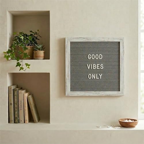 Image of Rustic Gray Felt Letter Board 10x10 with Stand, Wall Mount, 336 Letters | Professional neutral letter board for home, entryway, office and classroom, with 336 letters, stand and wall mount