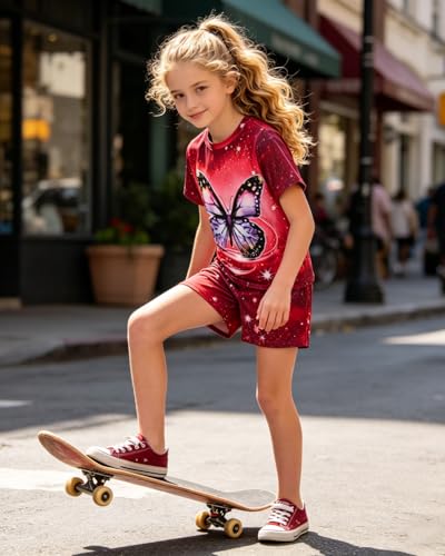 Image of 9-16Y Tween Girl Clothes 2 Piece Short Sleeve Heart Print Top and Shorts Teen Girl Summer Outfits Short Set