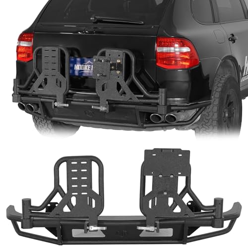 Hooke Road Cayenne 957 Rear Bumper with Dual Swing Arms for 2008 2009 2010 Porsche Cayenne 957, Overlanding Heavy Duty Steel Back Bumper with Tire Carrier, D-ring Mounts