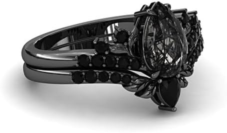 Generic Black Gold Rutilated Quartz Engagement Ring Set Women, Leaf Shaped Nature Inspired Gothic Black Stone Ring, Pear Shaped Wedding Bridal Ring