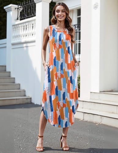 Image of Zeagoo Colorful Print Maxi Dress, Polyester Blend, Sleeveless, Loose, Adult, Female, Womens, Casual, Patterned, Pleated, Side Split, Anniversary, Large