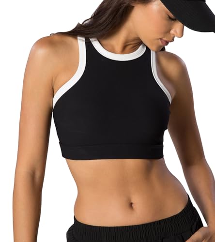 Move With You Womens Ribbed Sports Bra Tank With Padding Workout Fitness High Neck Racerback Yoga Bra thumb #3
