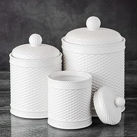 MosJos White Basket Weave Canisters Set of 3 - Premium Canister Sets for Kitchen Counter - Canisters Sets for the Kitchen for Flour, Sugar, Coffee- Ceramic Canisters with Rubber Gasquet Lids Cover