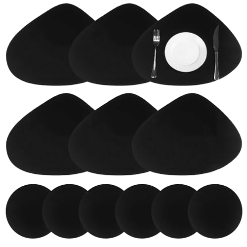Tovagliette in Pelle e Sottobicchieri Set da 6 Pezzi Tovaglietta Lavabili Sottopiatto Ovale, Impermeabile, Antiscivolo, Adatto per Cucine Domestiche, Ristoranti, Hotel 42x33,5 cm (Nero)