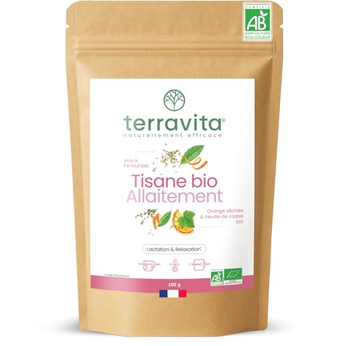 Tisane Allaitement BIO | 7 Plantes Bio pour Stimuler la Lactation | Post-Grossesse | Infusion Sans Caféine ni Théine | Sans OGM ni Additifs | 100g | Made in France | Terravita