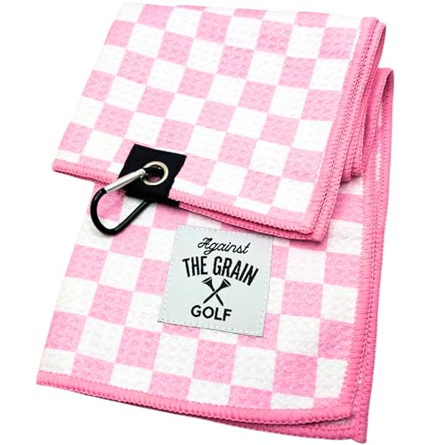 Against The Grain Microfiber Pink Golf Towel for Golf Bags Women with Clip - (12x20) Blue & White Checkered Design Golf Club Towel Womens Golf Towel Golf Gifts for Women Pink Golf Accessories