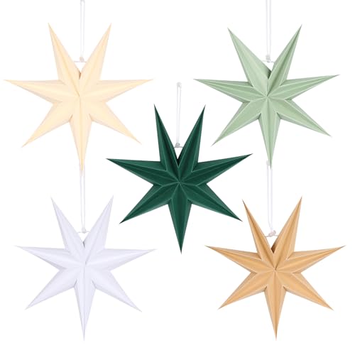 Image of 12 Inches 5 PCS Sage Green Paper Star Lanterns Hanging Stars Christmas Party Decorations Hanging Lampshade Christmas Wedding Birthday Christmas Home Party Decorations(7 Pointed)