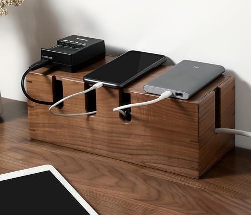 Cable Management Box Wooden Cord Hider Desk Organizer Power Strip and Cord Hider Box Surge Protector Floor Cable Organizer for Desktop Home Office Kitchen (Walnut)