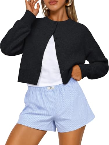 LILLUSORY Womens Lightweight Cropped Cardigans Long Sleeve Button Up Jumper Black M