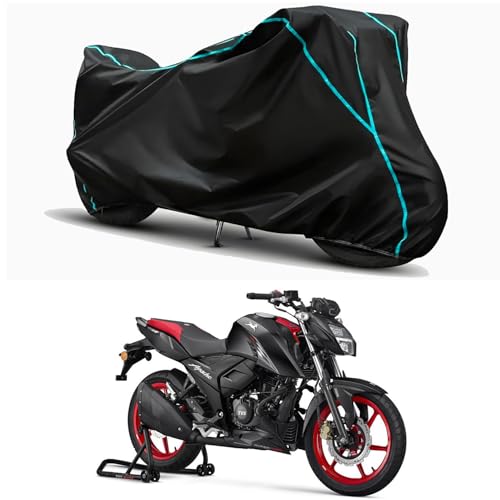 Image of Waterproof Bike Body Cover Compatible for | TVS Apache RTR 160 4V | Taffeta Fabric, Sky Piping Design, Bottom Elastic Fit | Dustproof, Sun UV & Rain Protection for All Weather.