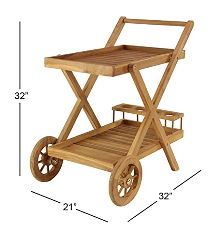 Deco 79 Teak Wood Indoor Outdoor Rolling 2 Shelf Bar Cart With Wheels And Handle, 32" X 21" X 32", Brown #TOP2