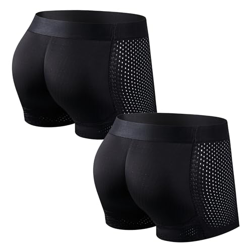 JOCKMAIL Men's Butt Padded Underwear Breathable Mesh Enhancing Boxer Brief with Hip Removable Pad 2 Pack