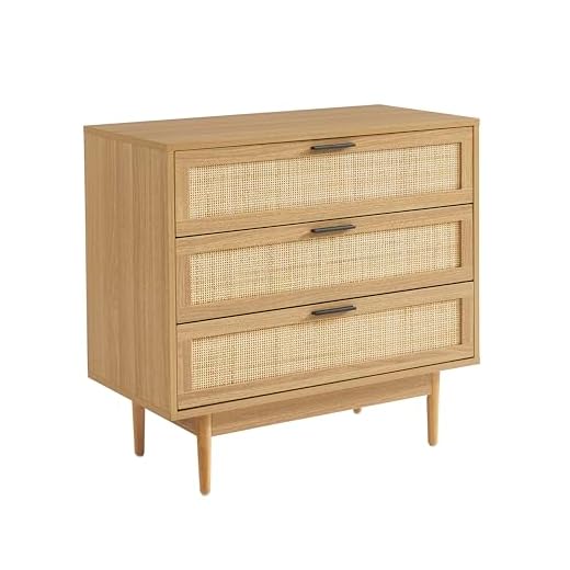 BAÏTA Commode Amana Effet chêne et cannage rotin 3 tiroirs 80cm