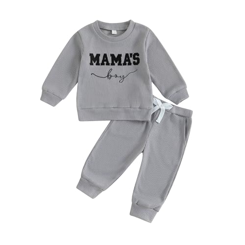MAHUAOYIXI - MAHUAOYIXI Ensemble Vêtement 2 Pièces Pour Bébé Garçon Sweat-Shirt Pull Manches Longues Col Rond Brodé Lettre Mamas Boy et Pantalon Jogging (Gris, 6-12 mois) - -22%