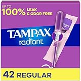 Tampax Radiant Tampons, with LeakGuard Braid, Regular Absorbency, Unscented, 42 Count