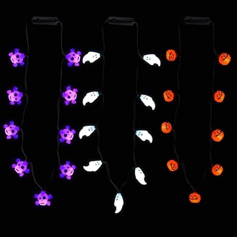 COVFEVER Halloween Eve Costume Party Accessories, 3Pcs Halloween Lighted up Necklace, Halloween Light 3D Pumpkin Ghost Skull Necklace for Trick or Treat Door to Door Parade Procession Cover