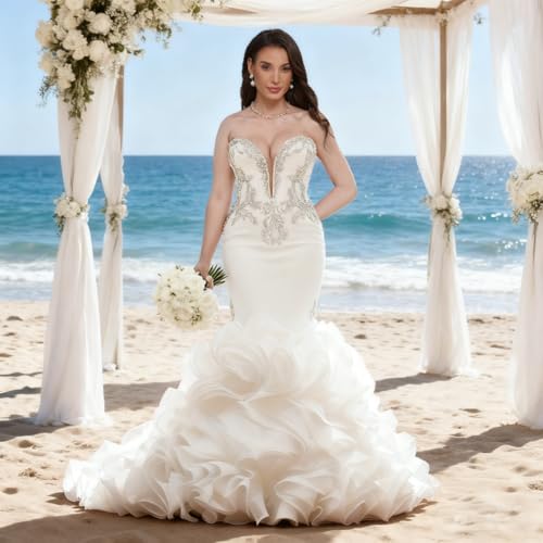 Mermaid Wedding Dresses Sweetheart Luxury Beaded Rhinestones Bridal Wedding Gown with Ruffle Cathedral Train4