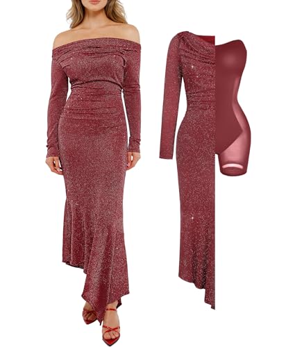 Popilush Long Sleeve Formal Dress Women's Sparkly Off Shoulder Shapewear Cocktail Dresses Bodycon Mermaid Maxi Dress Red