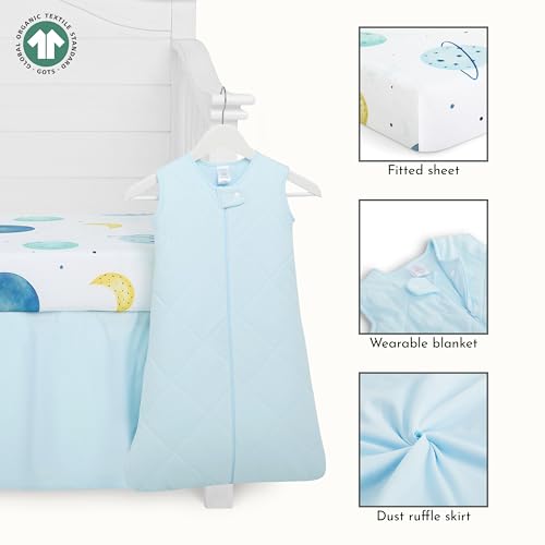 Image of Evolur Space Adventure 3 Piece Crib Bedding Set, Machine Washable, Soft and Breathable Toddler Bedding Set, Includes Fitted Sheet, Wearable Blanket and Crib Skirt